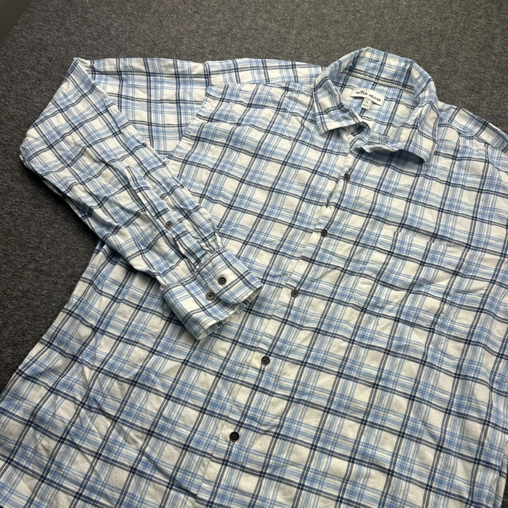 Peter Millar Mallard View Cotton Button Up Long Sleeve‎ Shirt Mens Large Blue